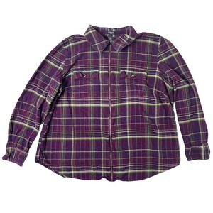 CHAPS Flannel Womens 2X Purple Green Plaid Full Zip Shirt Classic Timeless